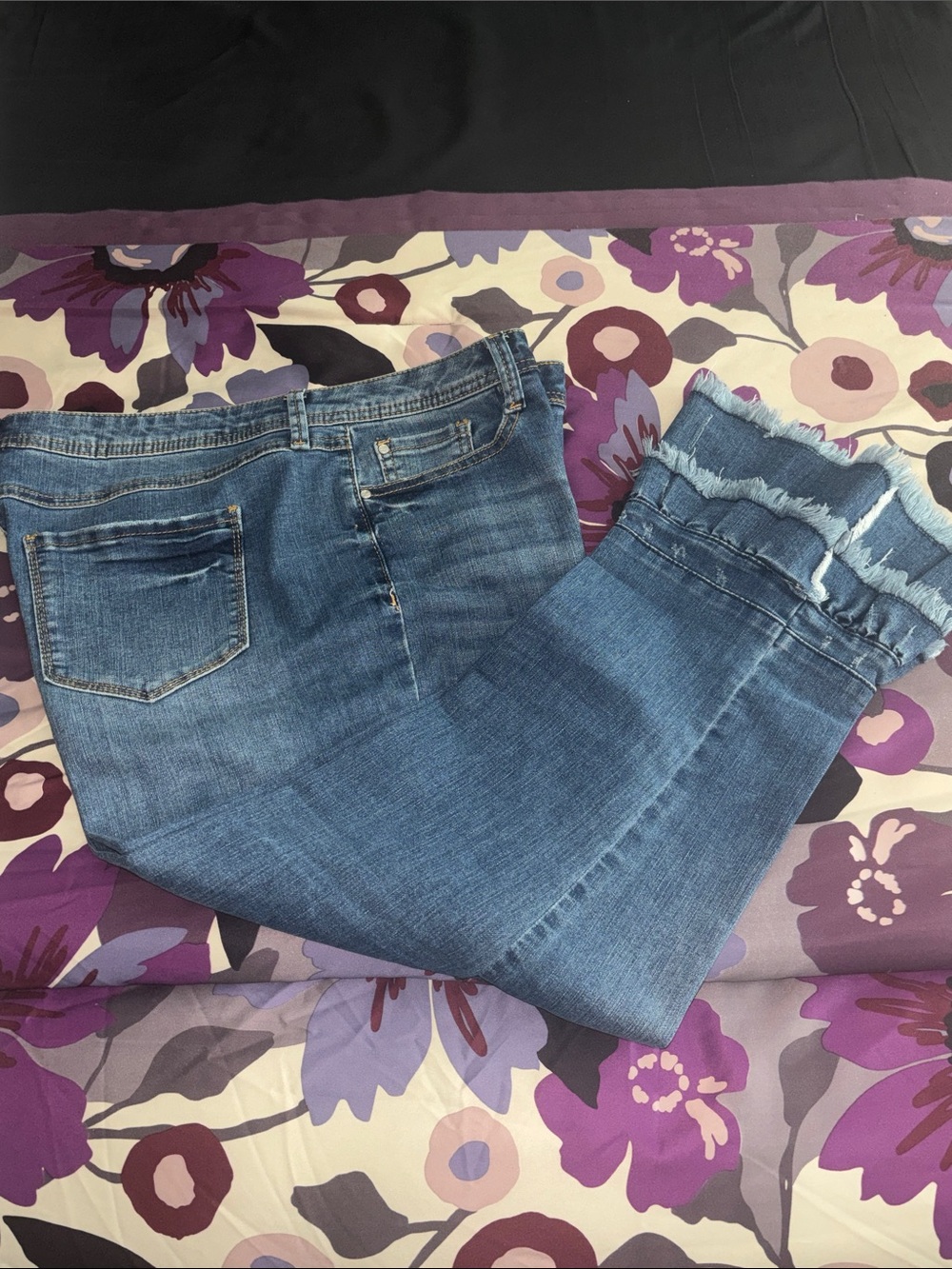 Versona Women's Blue Denim Jeans with frayed double ruffle hem